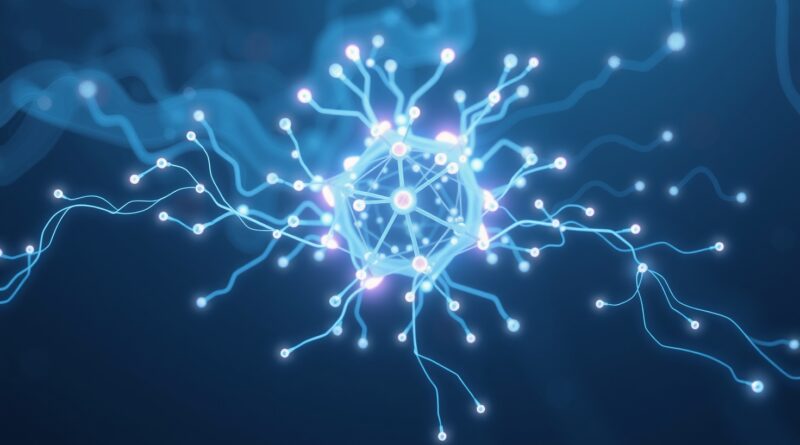 Bioluminescencyjna, mikroskopijna sieć neuronowa symbolizująca LEANN - kompaktową bazę danych wektorowych dla osobistego AI.