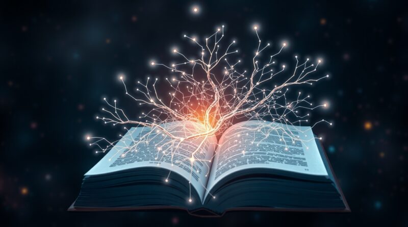 Eteryczna sieć neuronowa splata się z książką pełną kodu na tle galaktyk, symbolizując LangExtract.