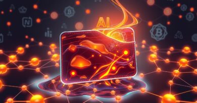 Płynący lawą cyfrowy portfel, symbol transakcji AI, łączy się z siecią agentów.