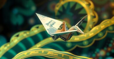 Żuraw origami z dolarów wznosi się na tle ciągu Fibonacciego - metafora wzrostu Lovable.