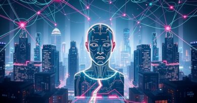 Futurystyczne miasto splecione z siecią neuronową, abstrakcyjne dane i holograficzna postać symbolizująca AI z długą pamięcią.