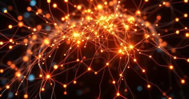 Abstrakcyjna sieć neuronowa łącząca dane finansowe, naukowe, medyczne i badawcze z elementami art deco i futurystycznym oświetleniem.