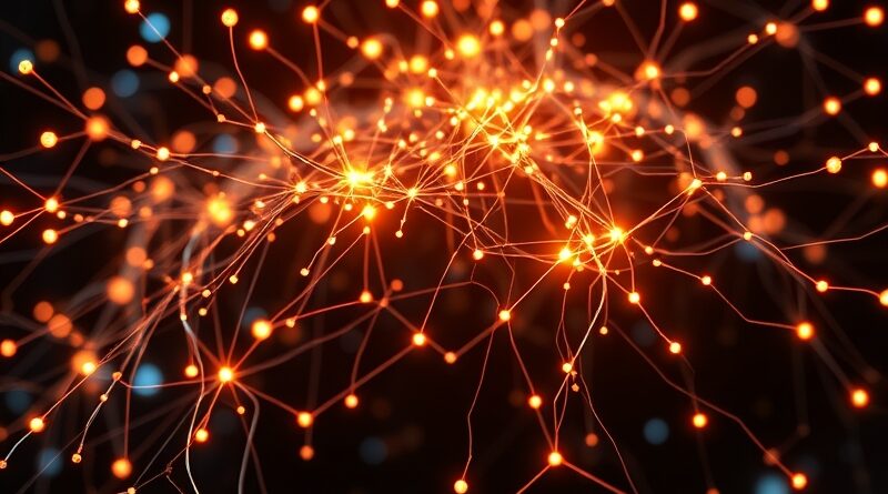 Abstrakcyjna sieć neuronowa łącząca dane finansowe, naukowe, medyczne i badawcze z elementami art deco i futurystycznym oświetleniem.