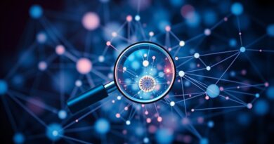 Abstrakcyjna sieć połączeń, odzwierciedlająca proces analizy i ulepszania klasyfikacji tekstu przez AI.