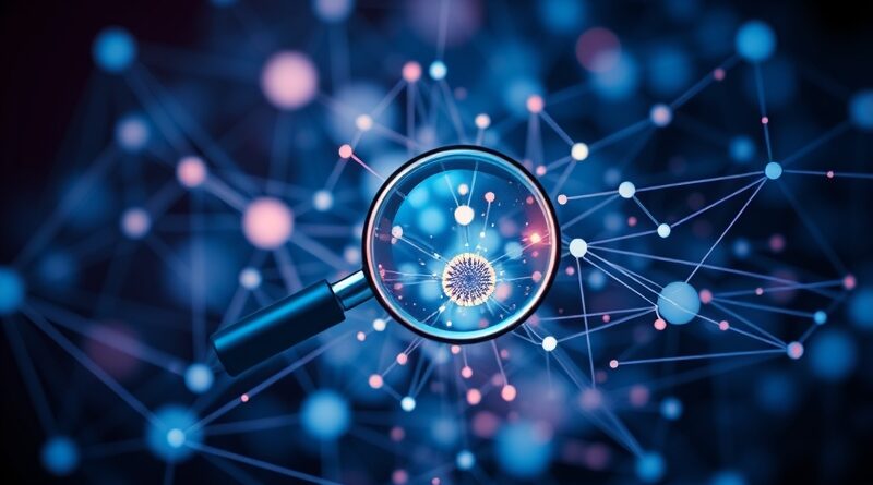 Abstrakcyjna sieć połączeń, odzwierciedlająca proces analizy i ulepszania klasyfikacji tekstu przez AI.