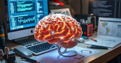 Świecący mózg z włókien światłowodowych na warsztacie, symbolizujący innowacyjność AI i precyzję Maisa AI.