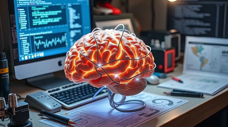 Świecący mózg z włókien światłowodowych na warsztacie, symbolizujący innowacyjność AI i precyzję Maisa AI.