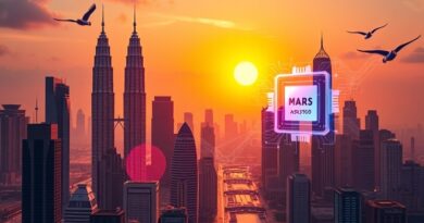 Futurystyczna Kuala Lumpur w cyfrowym zachodzie słońca. Petronas i MARS1000 symbolizują malezyjski postęp w AI.