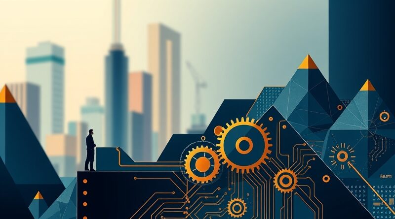 Abstrakcyjna wizja AI: złote tryby, błękitne obwody, Mark Cuban obserwujący z dystansu medialny szum.