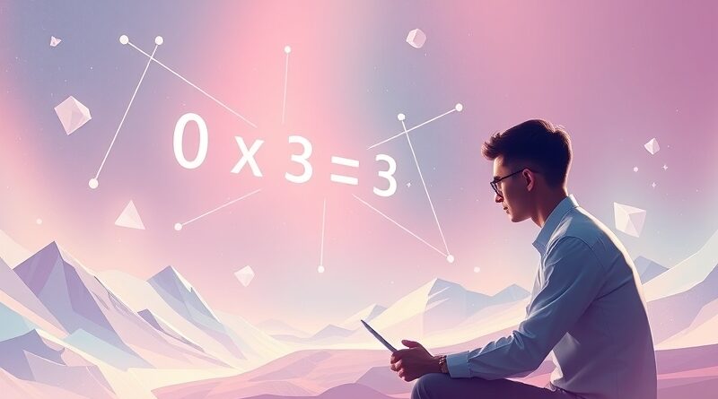 AI tutor prowadzi studenta przez abstrakcyjny, pastelowy krajobraz matematycznych równań, podkreślając innowacyjne podejście MathGPT.