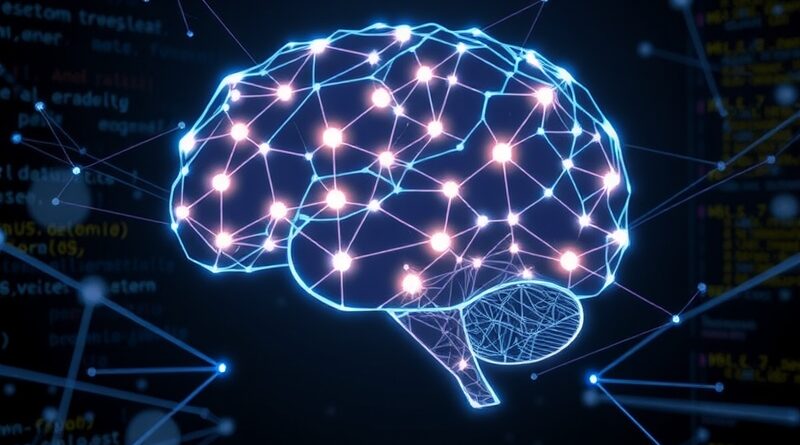 Świecąca sieć neuronowa w kształcie mózgu symbolizuje zarządzanie pamięcią i uczenie przez wzmacnianie w LLM.