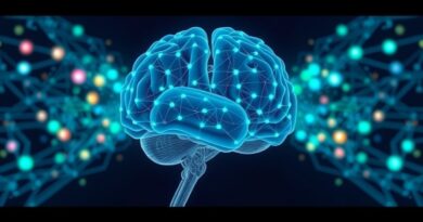 Sieć neuronowa ucząca się, ewoluująca w sprawną maszynę. Futuryzm, high-res, błękity, zielenie i fiolety.