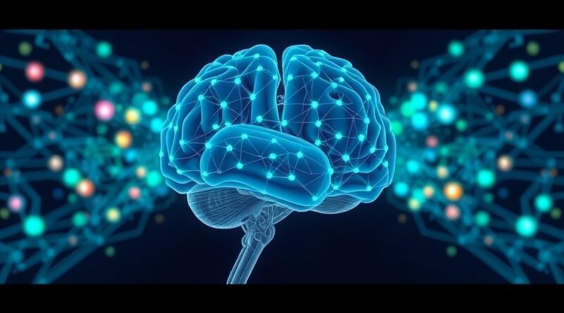 Sieć neuronowa ucząca się, ewoluująca w sprawną maszynę. Futuryzm, high-res, błękity, zielenie i fiolety.