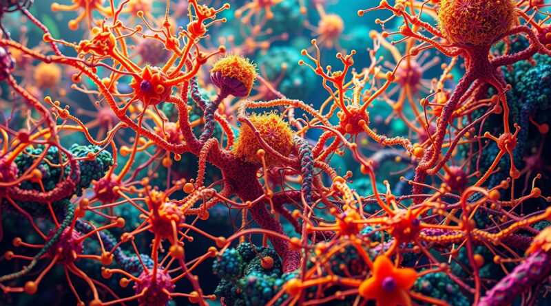 Abstrakcyjny krajobraz sieci neuronowej splatający się z organicznymi formami, symbolizujący samouczenie się DINOv3 od Meta AI.