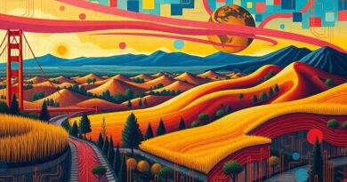 Abstrakcyjne połączenie kalifornijskiego krajobrazu, obwodów i sieci neuronowych; technologia w polityce Kalifornii.