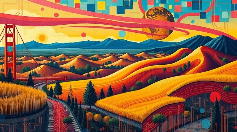 Abstrakcyjne połączenie kalifornijskiego krajobrazu, obwodów i sieci neuronowych; technologia w polityce Kalifornii.