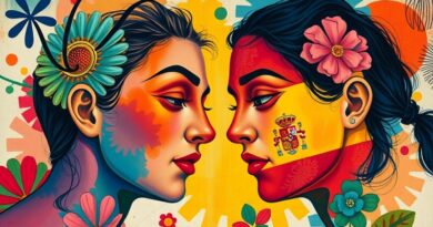 Dwie twarze łączą się falami dźwiękowymi (angielski i hiszpański), symbolizując tłumaczenia głosowe AI Mety.