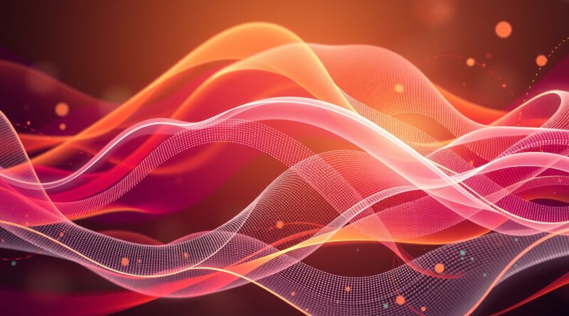 Abstrakcyjne fale dźwiękowe splecione ze strumieniami danych, odzwierciedlające fuzję głosu i AI w barwach Art Nouveau.