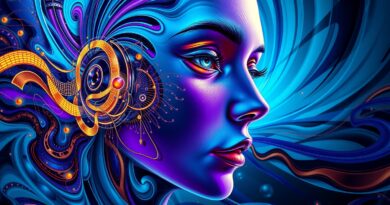 Abstrakcyjne połączenie fal dźwiękowych i twarzy, symbolizujące ambicje Meta w teście Turinga mowy.