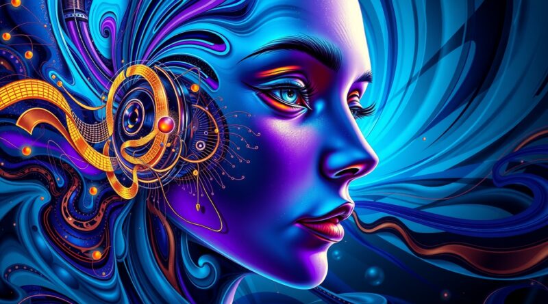 Abstrakcyjne połączenie fal dźwiękowych i twarzy, symbolizujące ambicje Meta w teście Turinga mowy.