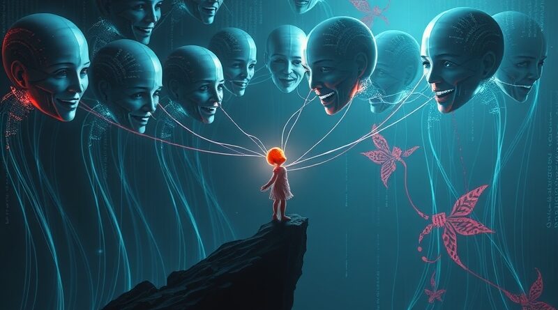 Dziecko balansuje nad przepaścią, oplecione cyfrowymi twarzami chatbotów AI. Meta zaostrza zasady.