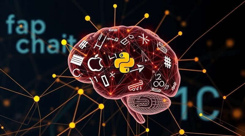 Abstrakcyjny cyfrowy mózg spleciony z matematyką, kodem i siecią połączeń – ilustracja sztucznej inteligencji.