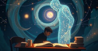 Eteryczna postać z światła prowadzi sylwetkę ucznia przy biurku w kosmicznym wirze wiedzy.