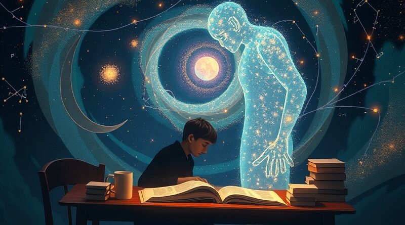 Eteryczna postać z światła prowadzi sylwetkę ucznia przy biurku w kosmicznym wirze wiedzy.