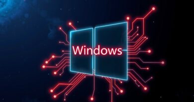 Neonowa płyta główna spleciona z logo Windows 11 na tle kosmosu. Integracja AI i technologia.