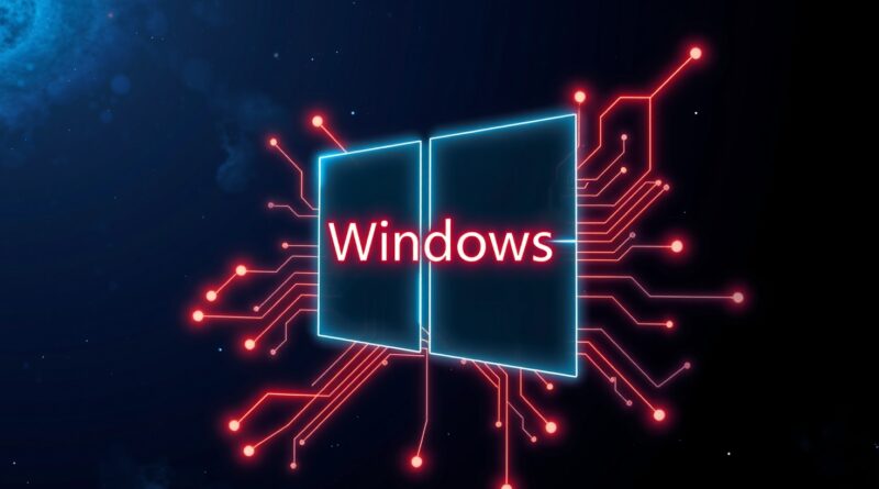 Neonowa płyta główna spleciona z logo Windows 11 na tle kosmosu. Integracja AI i technologia.