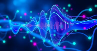 Abstrakcyjna wizualizacja głosu i kodu splecionych w sieci neuronowe, w odcieniach niebieskiego, fioletu i zieleni.