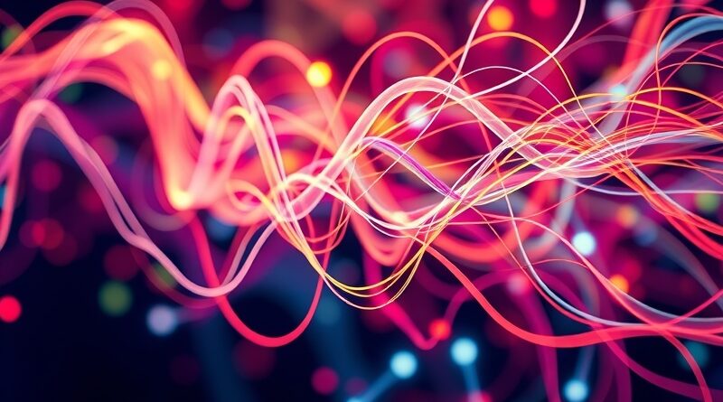 Abstrakcyjna wizualizacja VibeVoice: barwne fale dźwiękowe jako spleciona sieć głosów, subtelne profile w tle.