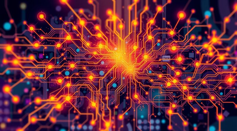 Abstrakcyjna grafika cyfrowa: neonowe węzły i obwody tworzą język, odzwierciedlając ideę orkiestracji promptów.