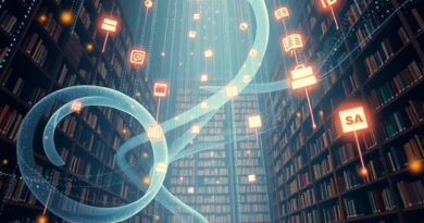 Futurystyczna biblioteka pełna unoszących się danych, ikon podcastów, dokumentów i quizów integrujących się z Copilotem.