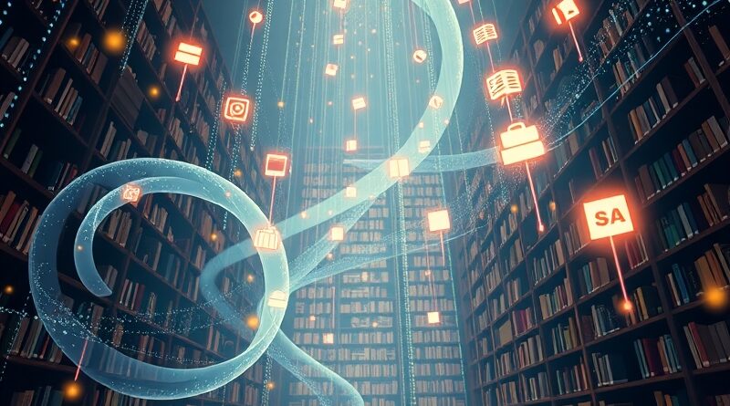 Futurystyczna biblioteka pełna unoszących się danych, ikon podcastów, dokumentów i quizów integrujących się z Copilotem.