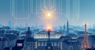 Minimalistyczna wizja europejskiego miasta splecionego z kodem; człowiek sięga ku świetlistej sieci neuronowej. Symbol AI.