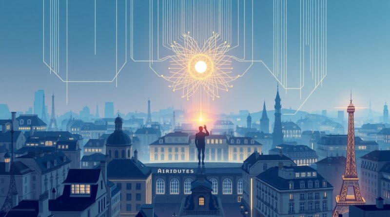 Minimalistyczna wizja europejskiego miasta splecionego z kodem; człowiek sięga ku świetlistej sieci neuronowej. Symbol AI.