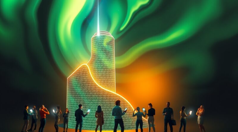Przyszłościowy wieżowiec-wykres wznosi się ku cyfrowej zorzy polarnej i figurom spoglądających w górę ludzi.