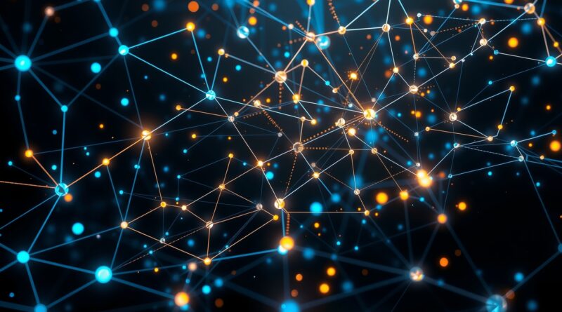Abstrakcyjna sieć łącząca węzły, strumienie danych i geometryczne kształty, symbol MCP w AI 2025.