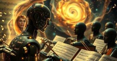 Surrealistyczna orkiestra AI dyryguje muzyką, tworząc abstrakcyjne portrety artystów na tle cyfrowej nebulii.