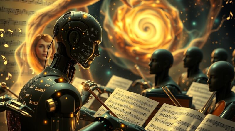 Surrealistyczna orkiestra AI dyryguje muzyką, tworząc abstrakcyjne portrety artystów na tle cyfrowej nebulii.
