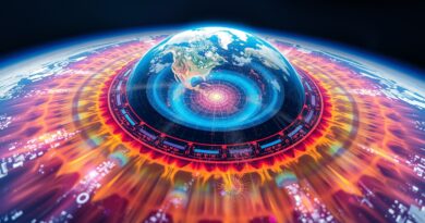 Abstrakcyjne ujęcie Ziemi przez pryzmat danych z obserwacji, zasilających rdzeń AI.