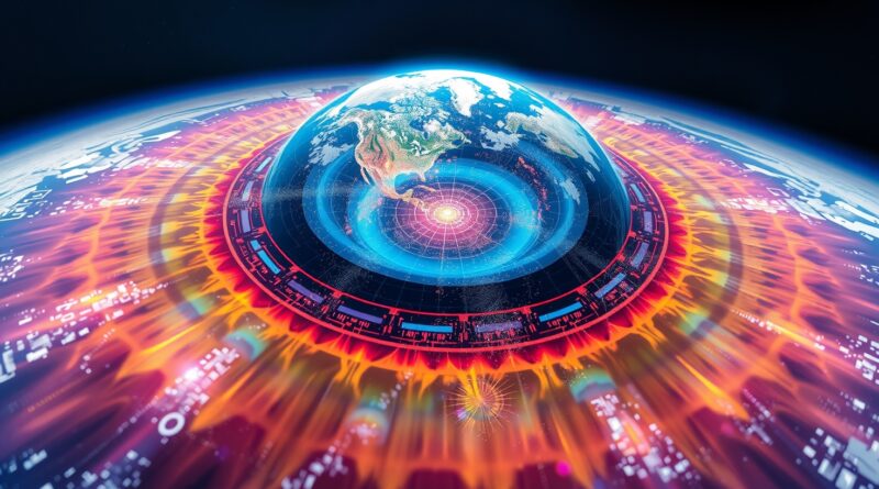 Abstrakcyjne ujęcie Ziemi przez pryzmat danych z obserwacji, zasilających rdzeń AI.