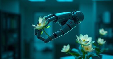 Futurystyczna wizja: robotyczne ramię NVIDIA w laboratorium delikatnie pielęgnuje bioluminescencyjne rośliny, symbol AI w robotyce.