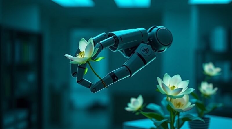 Futurystyczna wizja: robotyczne ramię NVIDIA w laboratorium delikatnie pielęgnuje bioluminescencyjne rośliny, symbol AI w robotyce.