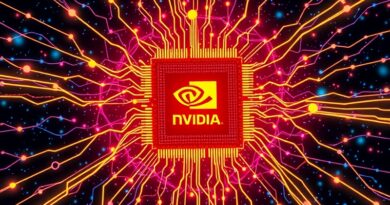 Kosmiczna sieć danych z chipem NVIDIA w centrum. Futuryzm, bioluminescencja, szybkość uczenia maszynowego.