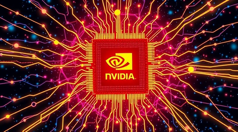 Kosmiczna sieć danych z chipem NVIDIA w centrum. Futuryzm, bioluminescencja, szybkość uczenia maszynowego.