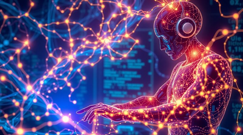 Abstrakcyjne sieci neuronowe splecione z kodem, symbolizujące agentów AI projektujących oprogramowanie. Odcienie niebieskiego, fioletu i pomarańczu.