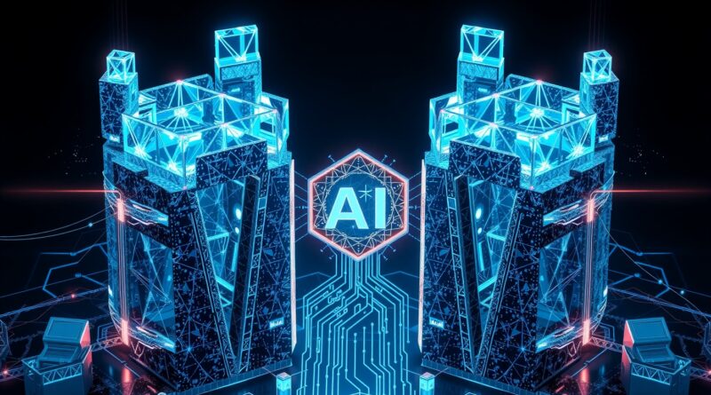 Abstrakcyjna forteca danych w błękitach i srebrach, symbol bezpieczeństwa AI w korporacjach.