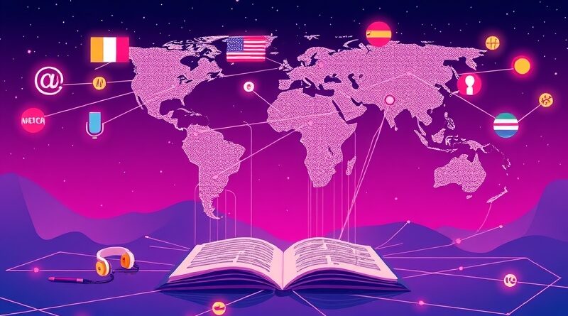 Sieć języków rozświetlonych węzłów, przepływająca przez otwarte notatniki i słuchawki, symbolizuje globalną dostępność wiedzy.